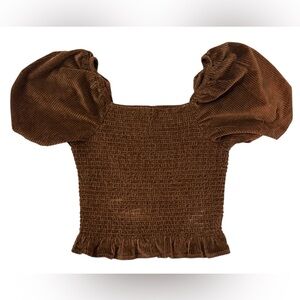 American Eagle Outfitters Smocked Brown Corduroy Cropped Puff-Sleeve Blouse, XS